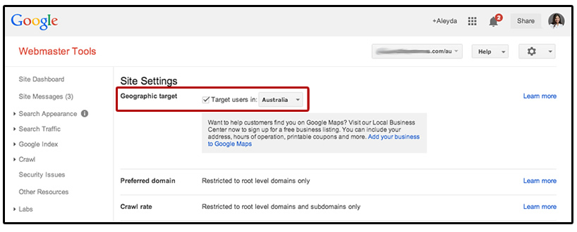 Google Webmaster Tools Geolocation