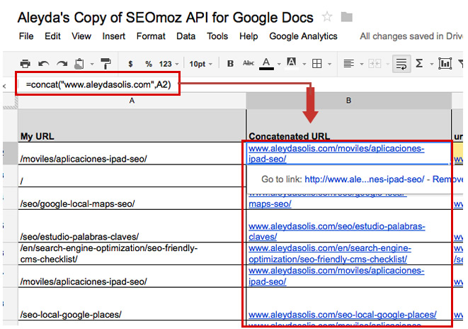 Concat SEOmoz API Google Docs