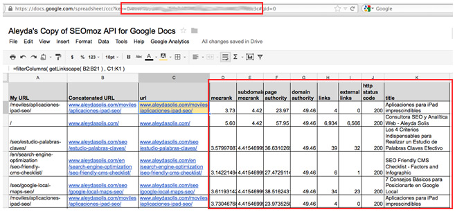 SEOmoz API Google Docs Metrics