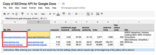 SEOmoz API Google Docs Tool