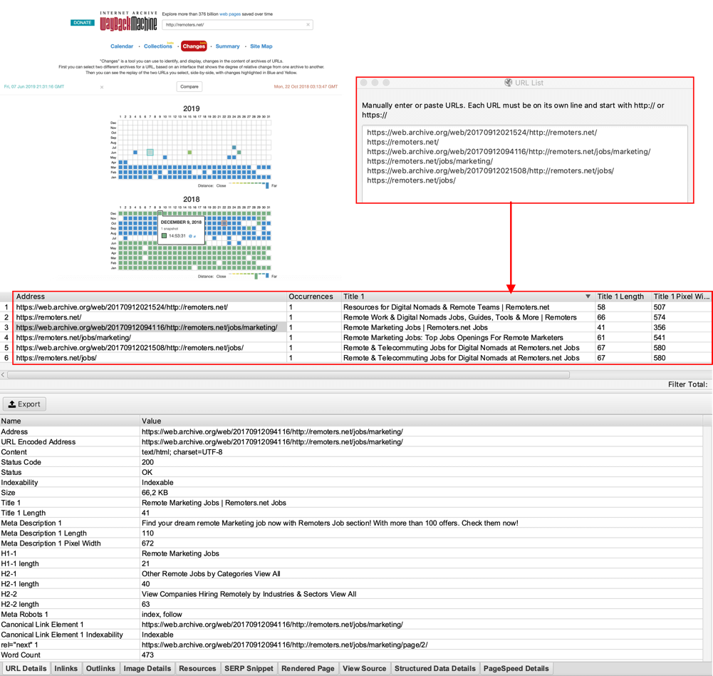 List crawl comparison Wayback Machine