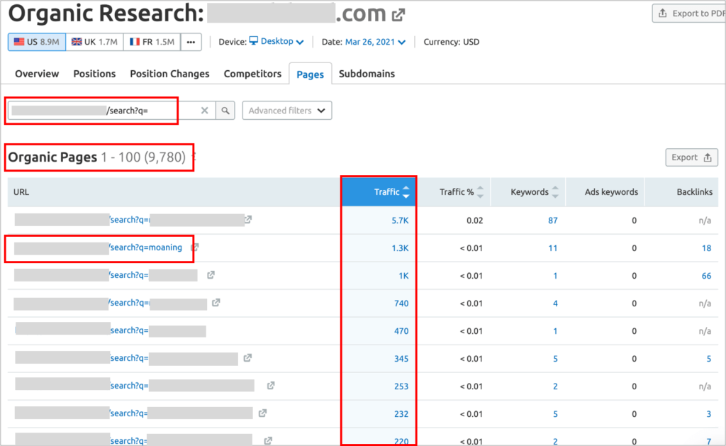 organic search traffic and backlink to internal search result