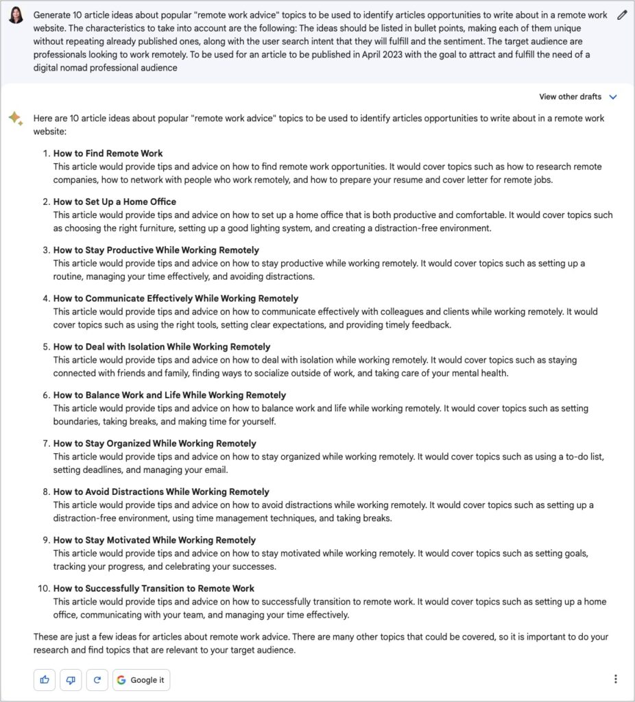 Generate 10 content ideas with Bard in English