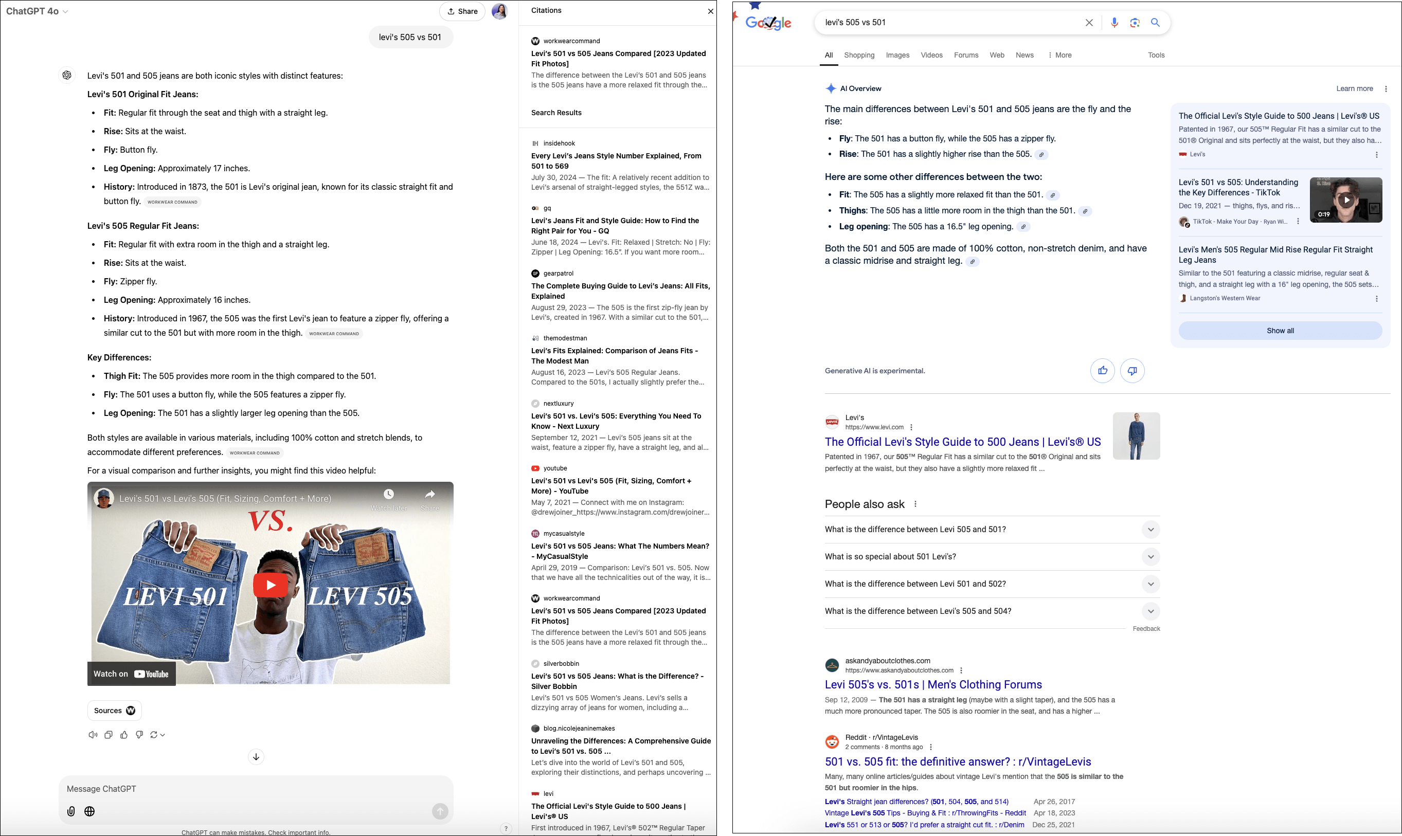 Levis 505 vs 501 - ChatGPT Search Results